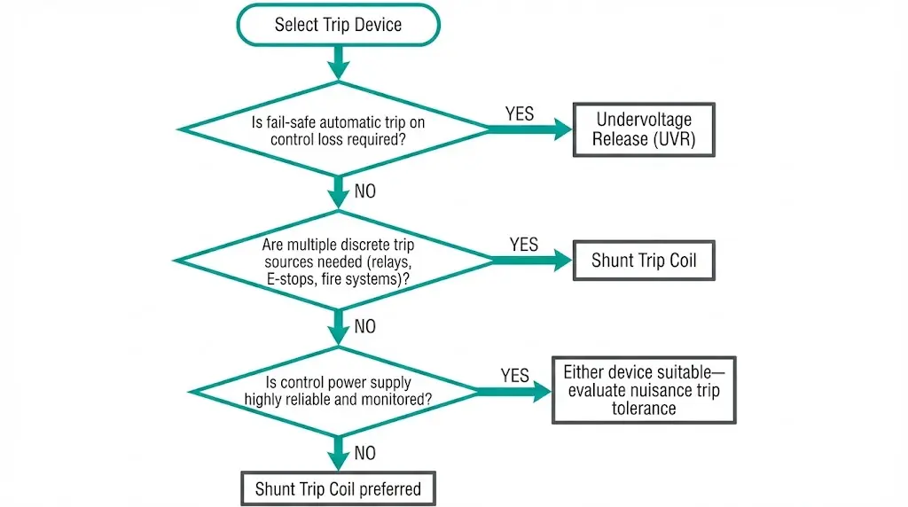 Decision flowchart for selecting shunt trip or undervoltage release based on fail-safe requirements and control power reliability