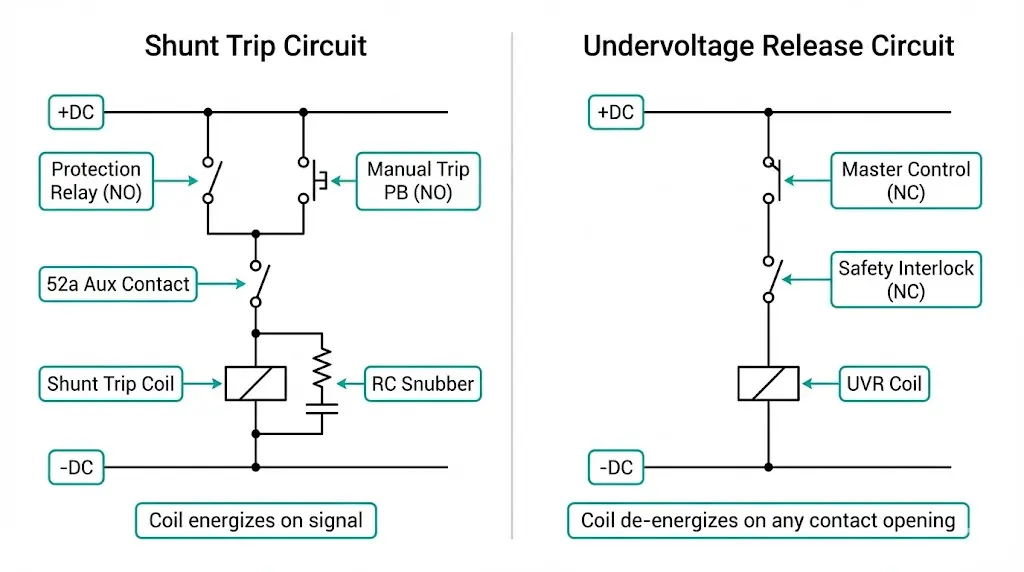 Electrical wiring diagrams for shunt trip circuit with 52a auxiliary contact and undervoltage release circuit with series safety interlocks