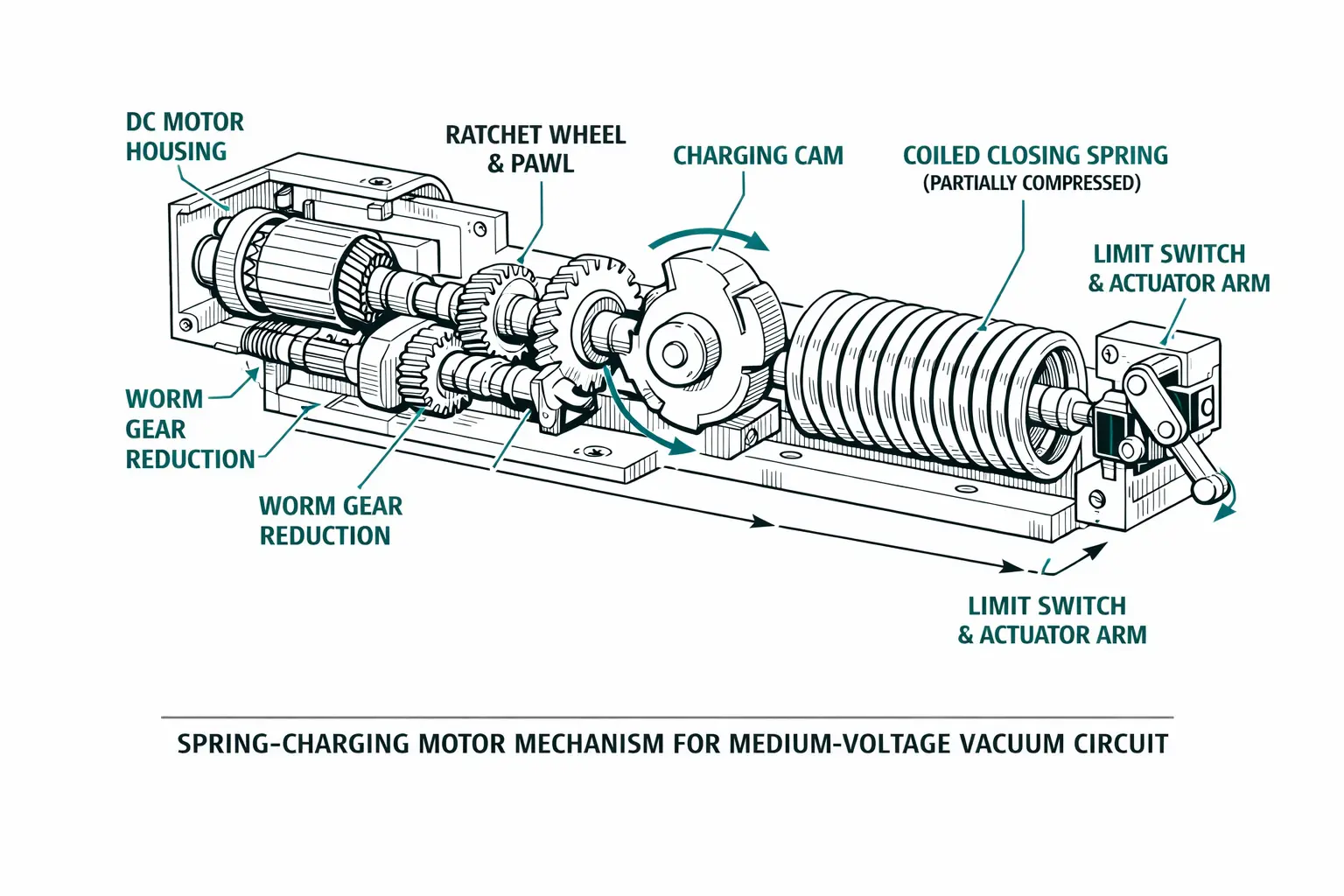 Spring charging motor mechanism cutaway showing gear train, ratchet wheel, closing spring, and limit switch assembly in vacuum circuit breaker