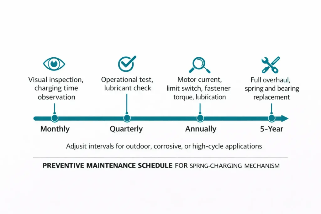 Preventive maintenance schedule timeline for spring charging mechanism showing monthly, quarterly, annual, and five-year inspection intervals