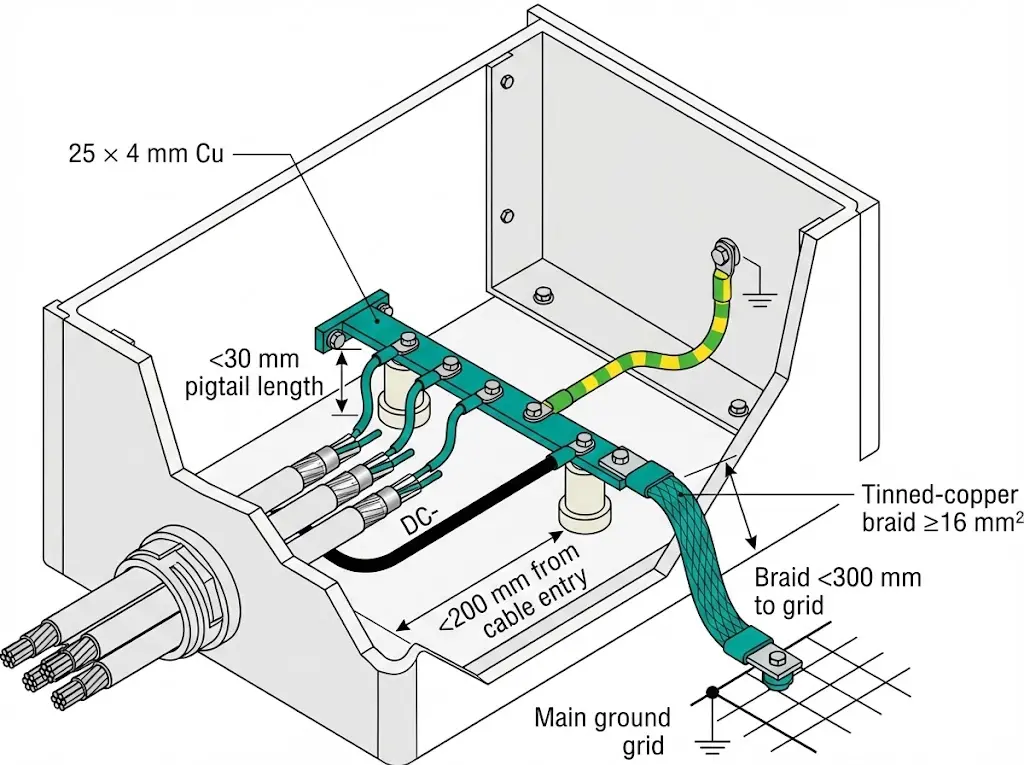 Sternpunkt-Erdungstopologie im Relaisraum mit individuellen Abschirmungsabschlüssen an der Kupfer-Erdungsschiene und PE-Verbindungspfad
