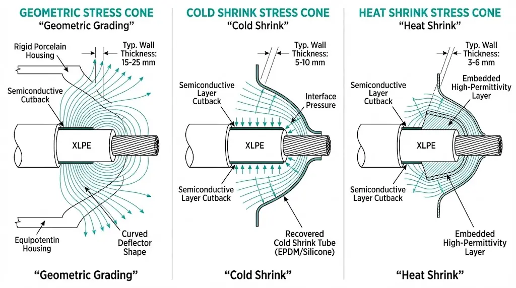Three stress cone types for MV cable terminations comparing geometric, cold shrink, and heat shrink designs with electric field distribution patterns