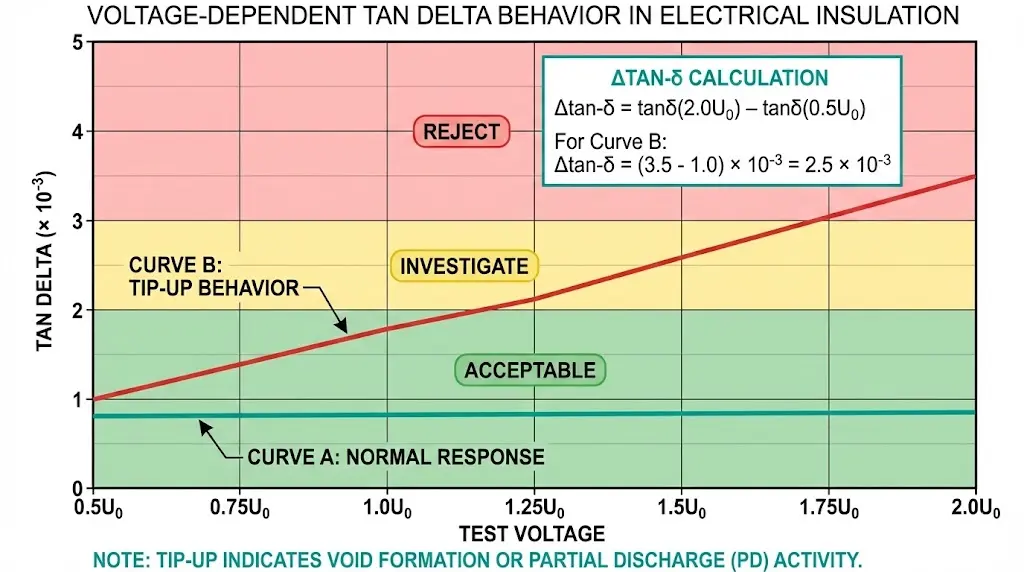 Tan delta voltage-dependent curve showing normal flat response versus tip-up behavior indicating void formation or partial discharge