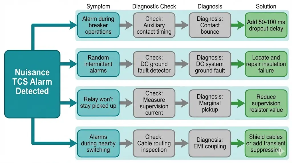 TCS nuisance alarm troubleshooting decision tree with four symptom branches for contact bounce ground faults marginal current and EMI issues