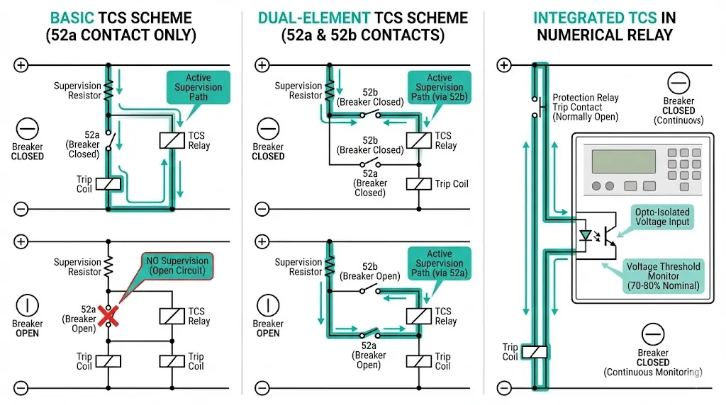 Three TCS scheme types compared showing basic 52a scheme dual-element 52a 52b scheme and integrated numerical relay TCS architecture