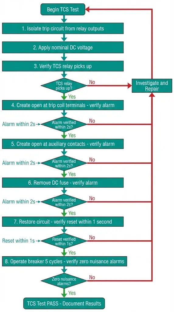 TCS testing procedure flowchart showing eight sequential commissioning steps with pass fail decision points and acceptance criteria