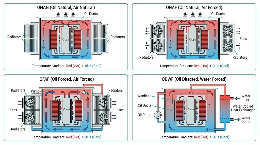 Four transformer cooling systems compared showing ONAN natural convection ONAF fan-assisted OFAF forced circulation ODWF water-cooled heat paths