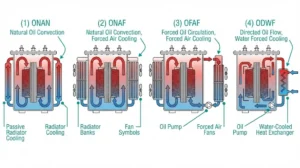 Transformer cooling classes comparison diagram showing ONAN ONAF OFAF ODWF oil circulation patterns and heat dissipation mechanisms