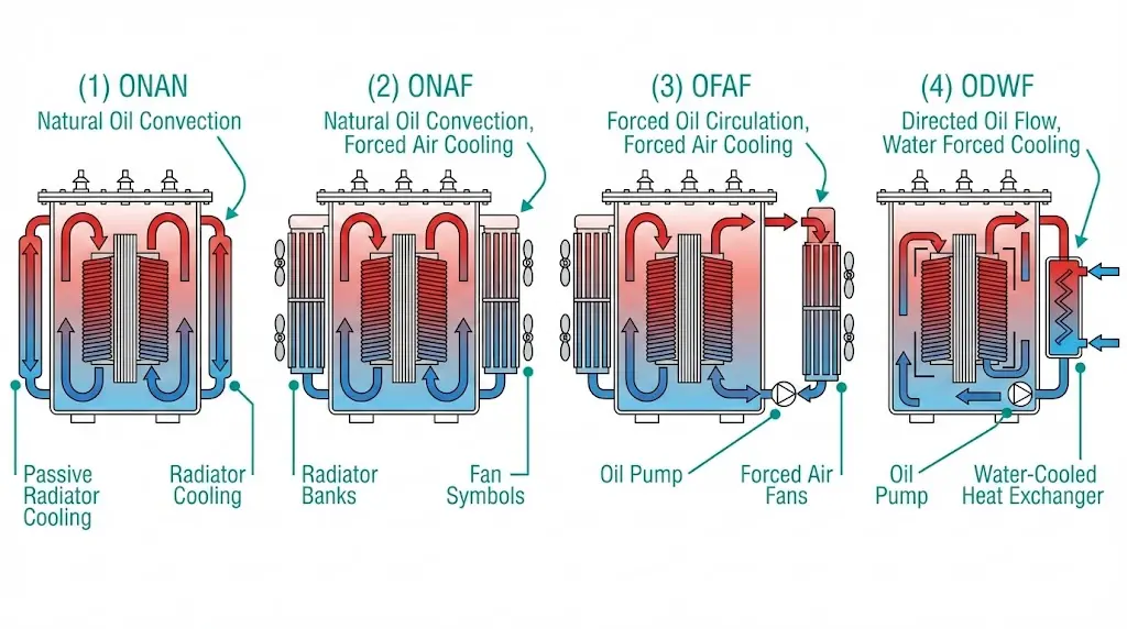 Transformer cooling classes comparison diagram showing ONAN ONAF OFAF ODWF oil circulation patterns and heat dissipation mechanisms