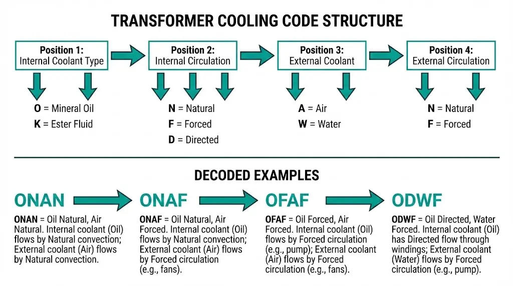 Transformer cooling code nomenclature diagram showing four-letter system with ONAN ONAF OFAF ODWF decoding examples