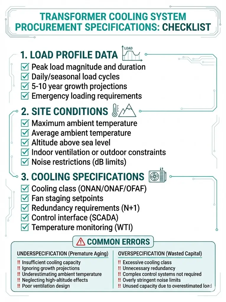 Transformer cooling system procurement checklist showing load profile site conditions and specification requirements for RFQ preparation