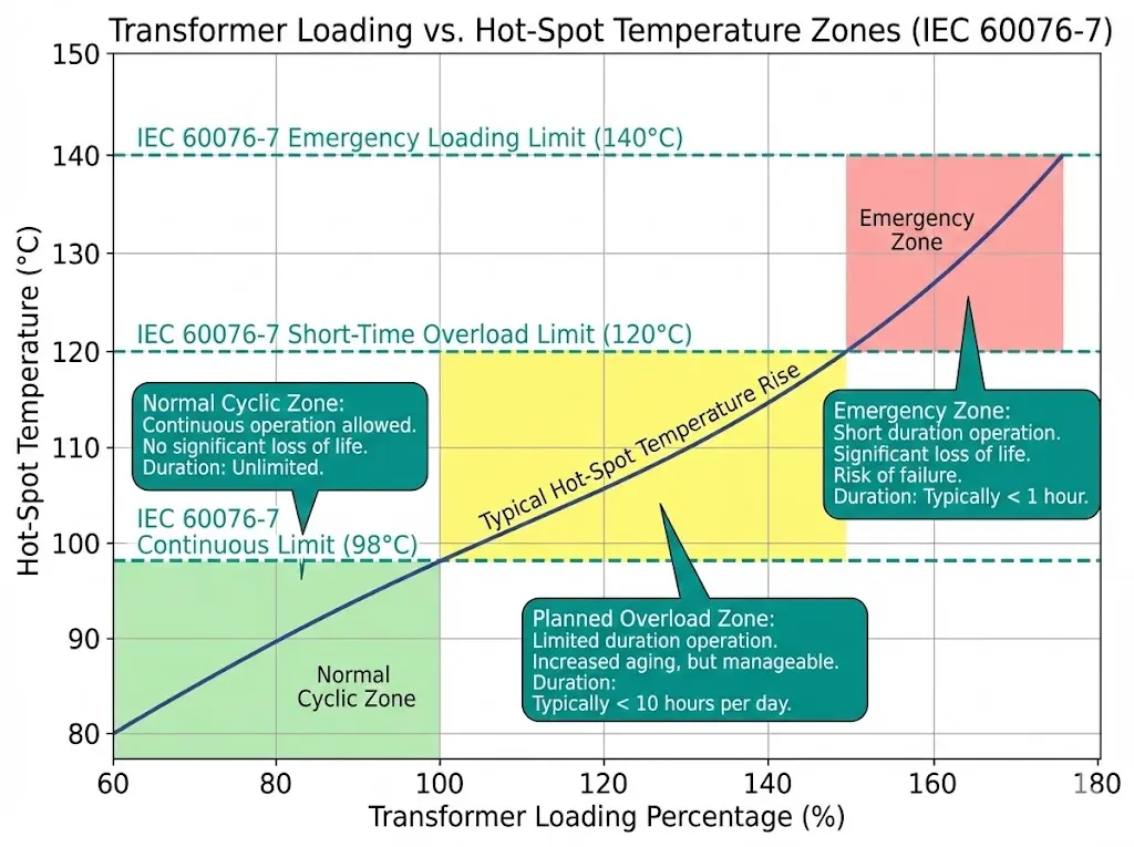 Transformer loading capacity graph showing hot-spot temperature zones for normal cyclic planned overload and emergency operation per IEC 60076-7