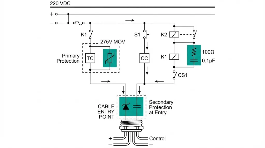 Schema der Entstöreranordnung mit MOV über der Auslösespule und RC-Dämpfer am Hilfsrelais im VCB-Steuerkreis