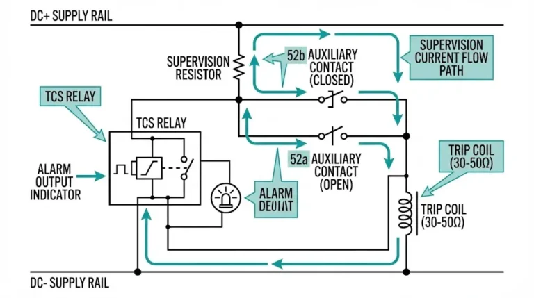 Trip circuit supervision system diagram showing TCS relay monitoring vacuum circuit breaker trip coil through auxiliary contacts and DC supply path