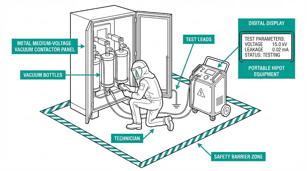 Vacuum bottle leak detection test on medium-voltage contactor using portable hipot equipment with safety barriers