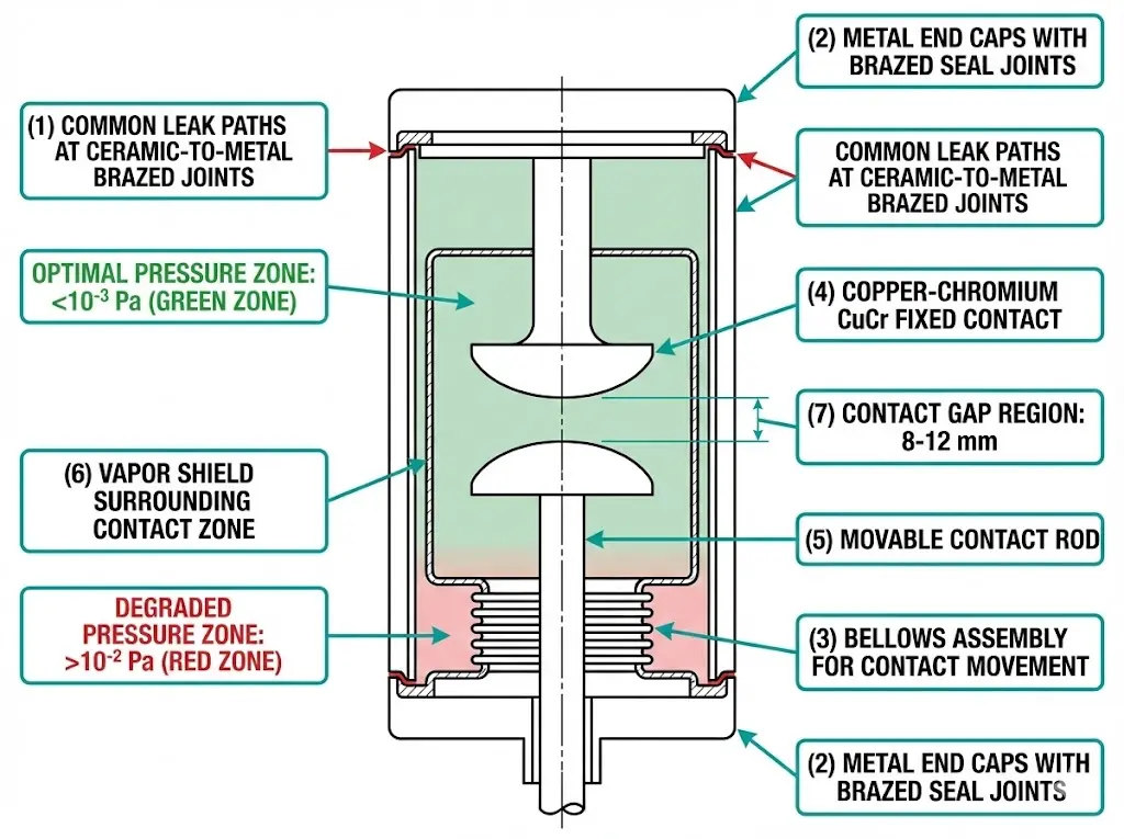 Vacuum contactor bottle cross-section diagram showing ceramic envelope, brazed seals, CuCr contacts, and leak path locations