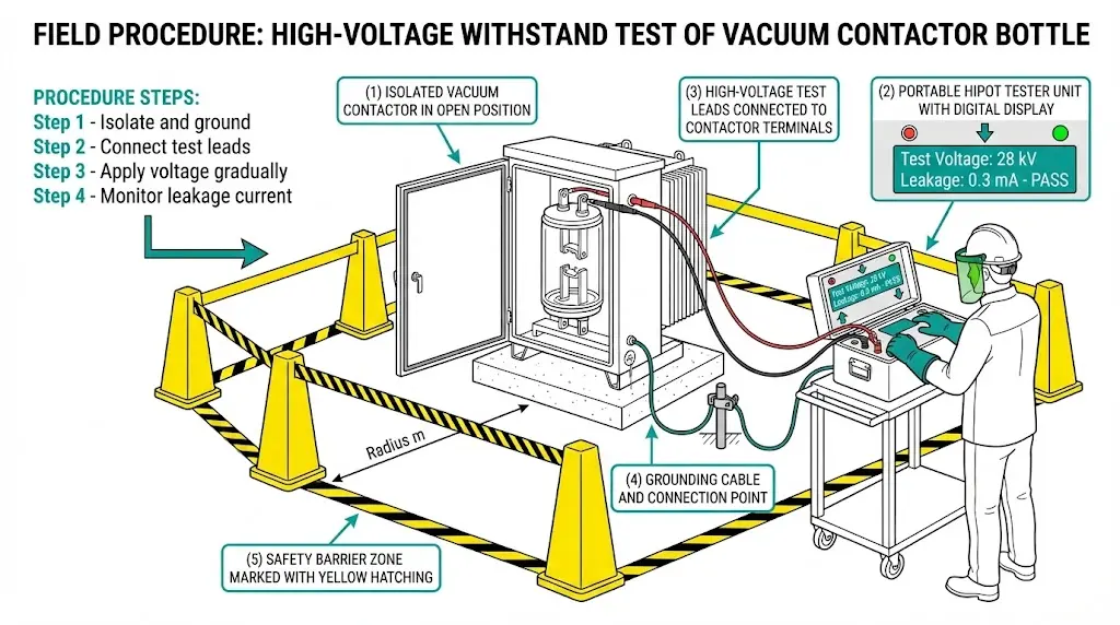 Field hipot test procedure for vacuum contactor showing equipment setup, safety zones, and four-step testing process