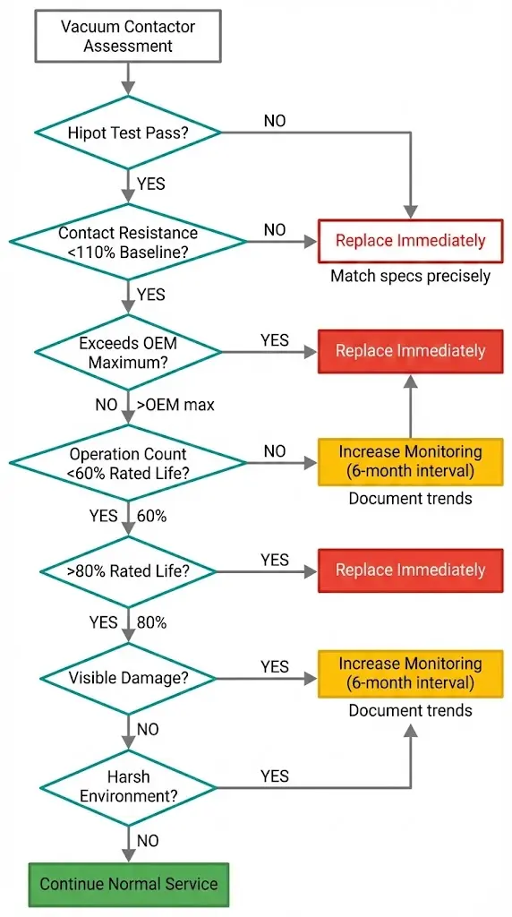 Decision flowchart for vacuum contactor assessment showing paths to continue service, increase monitoring, or replace