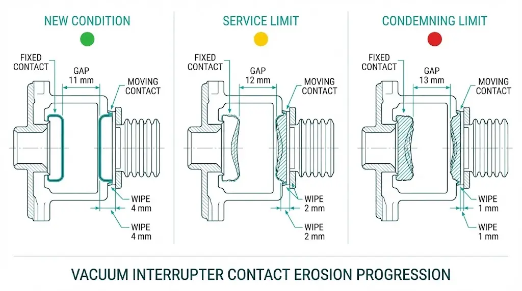Three-stage vacuum interrupter contact erosion diagram showing new condition service limit and condemning limit with gap and wipe dimensions