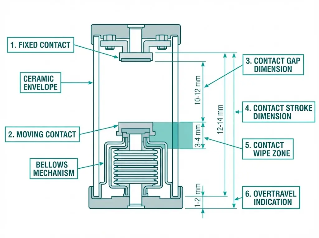 Vacuum interrupter cross-section showing contact gap stroke and wipe measurement points with dimensional callouts for 12 kV applications