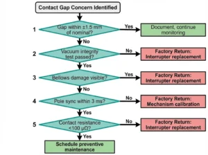 VCB contact gap diagnostic flowchart showing measurement to field action or factory return decision path for maintenance technicians