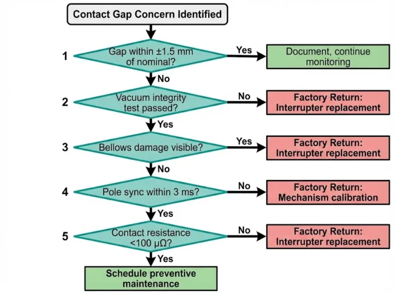 VCB contact gap diagnostic flowchart showing measurement to field action or factory return decision path for maintenance technicians