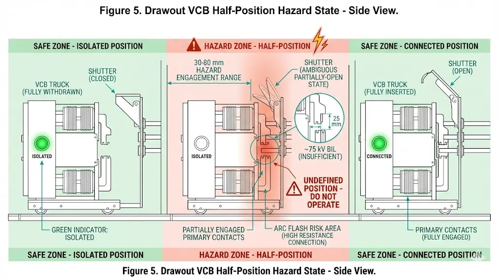 VCB half-position hazard diagram showing partially engaged contacts, ambiguous shutter state, and arc flash risk zone between disconnected and connected positions