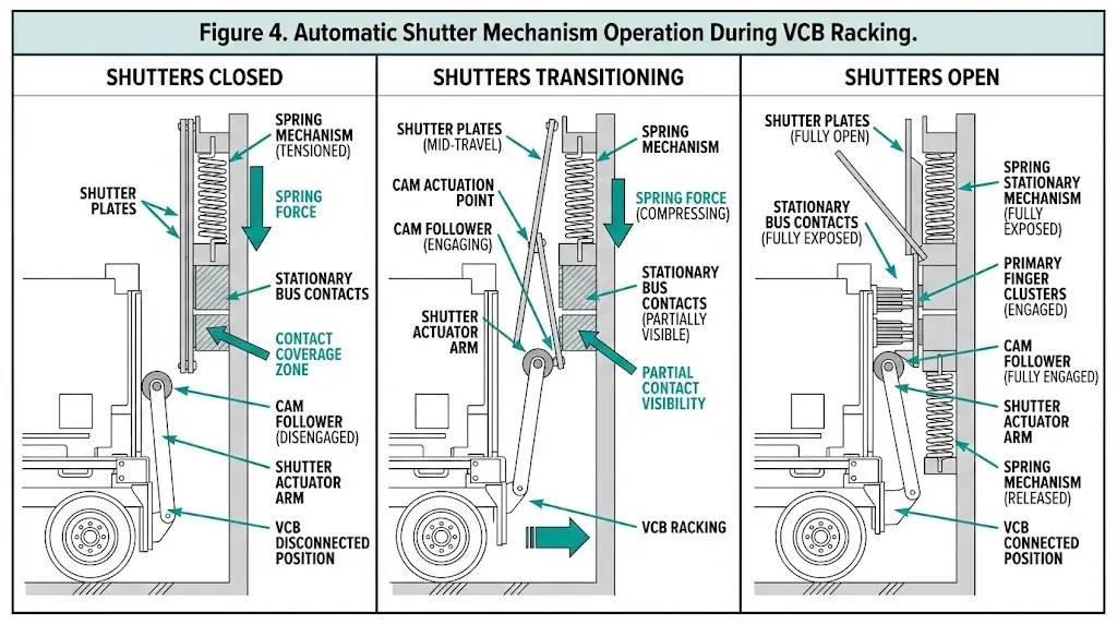 VCB automatic shutter mechanism in three states: closed with breaker withdrawn, transitioning during racking, and open with breaker connected