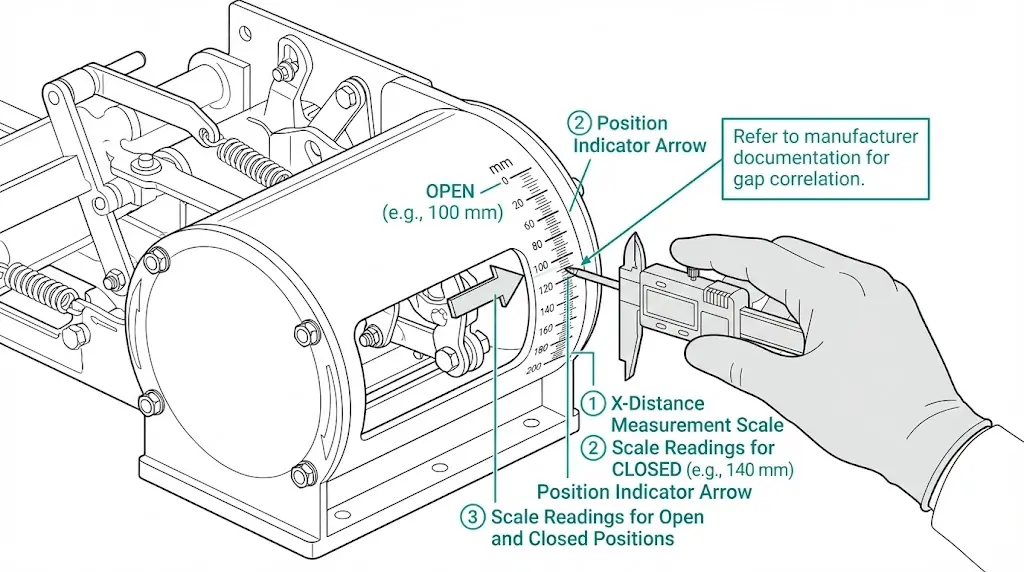 VCB mechanism housing X-distance scale location showing external contact gap verification method without interrupter disassembly