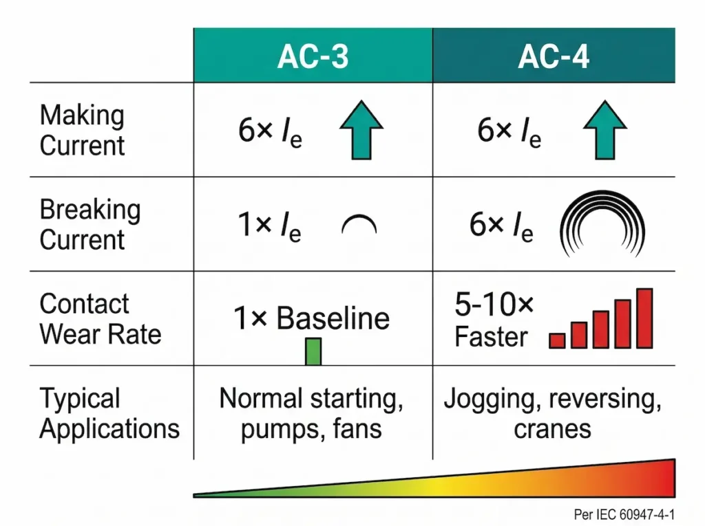 AC-3 versus AC-4 contactor duty category comparison table showing making current breaking current and contact wear rate differences
