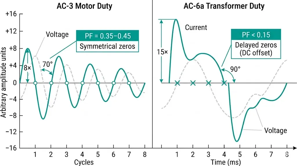 Side-by-side comparison of AC-3 motor duty and AC-6a transformer duty contactor waveforms showing power factor and current zero differences