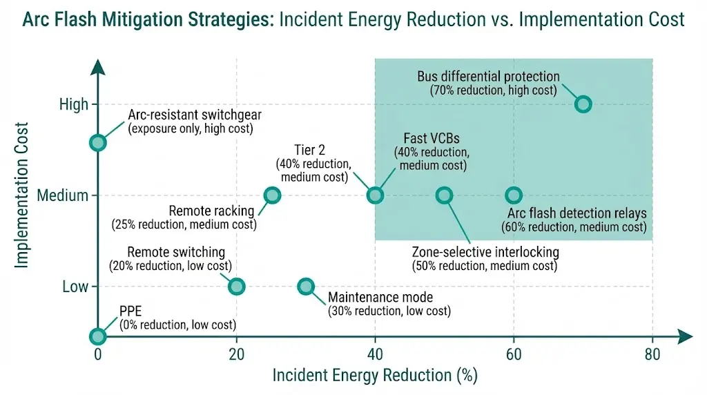 Quadrant matrix plotting arc flash mitigation strategies by implementation cost versus incident energy reduction effectiveness