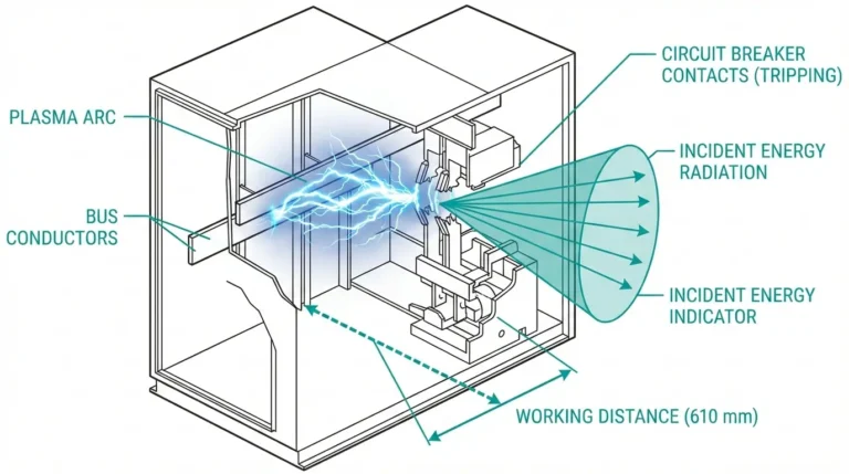 Arc flash event in medium voltage switchgear showing plasma arc and circuit breaker contact separation during fault clearing