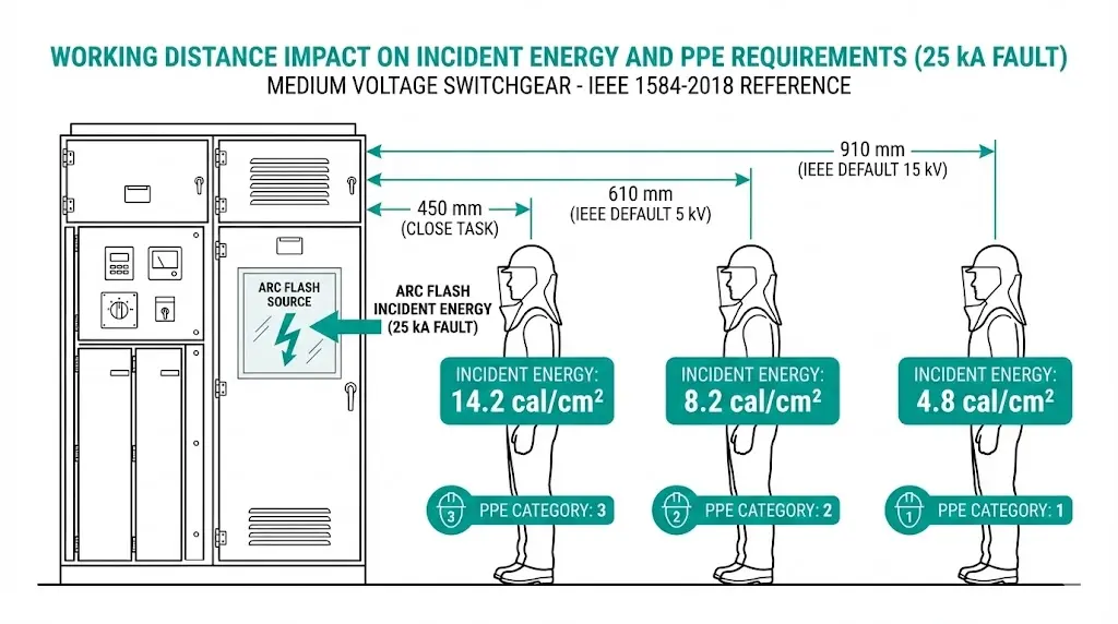 Working distance diagram showing incident energy variation at 450 610 and 910 mm distances from MV switchgear arc source