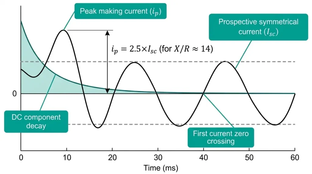 Asymmetrical fault current waveform showing DC component decay and first major loop peak for making capacity calculation at 2.5 times RMS