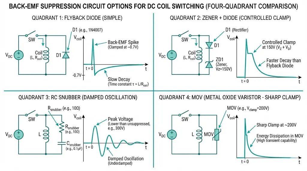 Four back-EMF suppression circuits for DC coil switching with flyback diode Zener clamp RC snubber and MOV options