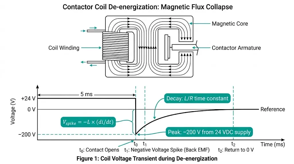 Back-EMF voltage spike waveform showing −200 V transient during 24 VDC contactor coil de-energization with magnetic flux collapse
