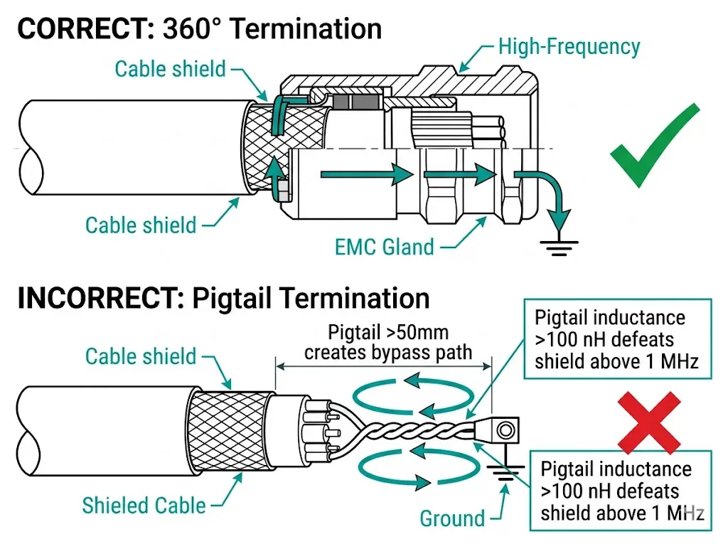 La corretta terminazione a 360 gradi della schermatura del cavo rispetto al metodo errato del pigtail mostra i percorsi del flusso di corrente ad alta frequenza