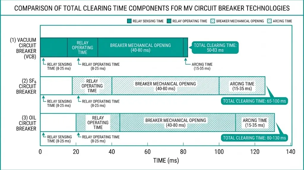 Stacked bar chart comparing clearing time components for vacuum SF6 and oil circuit breakers in MV applications