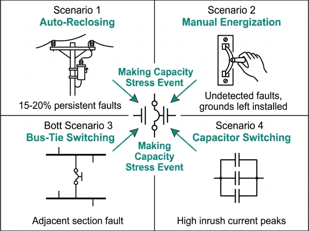 Four closing-on-fault scenarios flowchart showing auto-reclosing manual energization bus-tie switching and capacitor bank switching events