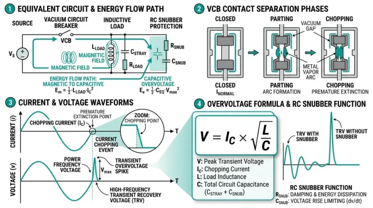 Current chopping overvoltage diagram showing vacuum circuit breaker contact separation with voltage transient waveform and snubber protection