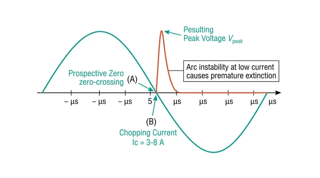 Форма волны прерывистого тока, показывающая преждевременное гашение дуги при 5 А перед естественным пересечением нуля с возникающим скачком переходного напряжения