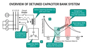 Detuning reactor sizing diagram showing capacitor bank with series reactor and impedance-frequency resonance shift from danger zone to safe operating region