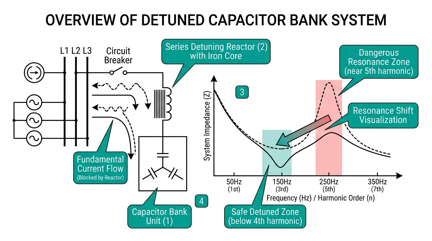 Detuning reactor sizing diagram showing capacitor bank with series reactor and impedance-frequency resonance shift from danger zone to safe operating region