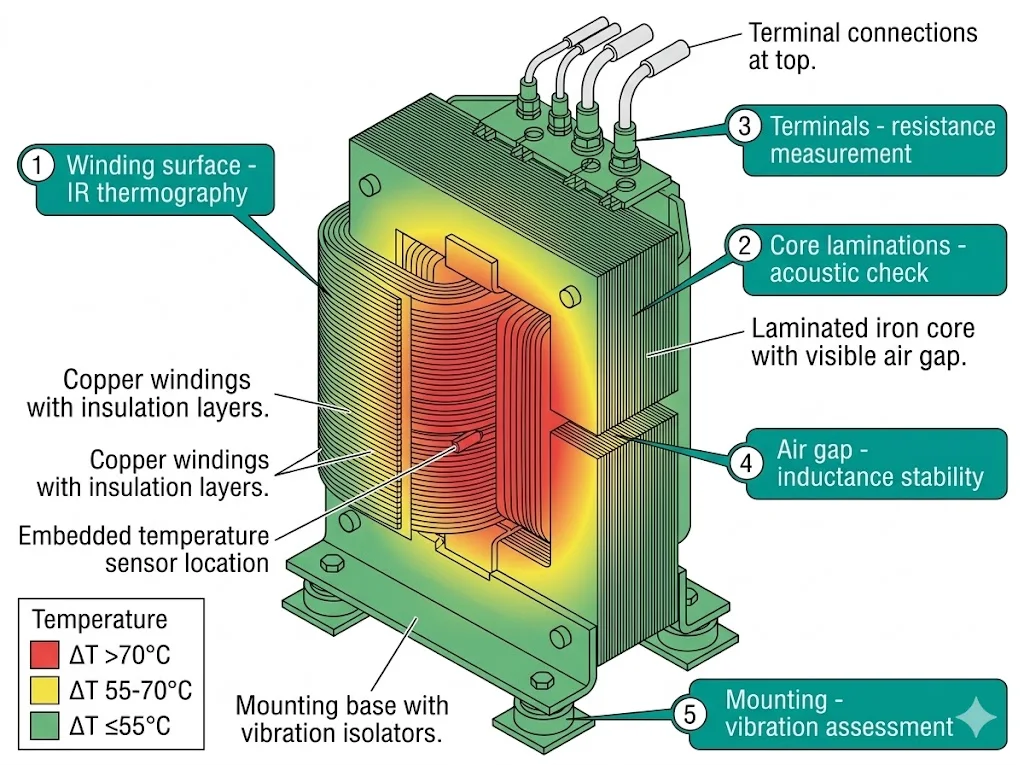 Iron-core detuning reactor cutaway diagram showing five field inspection points for thermal imaging acoustic monitoring and inductance measurement