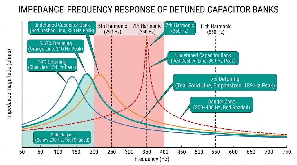 Impedance versus frequency curves comparing undetuned and 5.67%, 7%, 14% detuned capacitor banks showing resonance peak shift away from harmonic danger zones