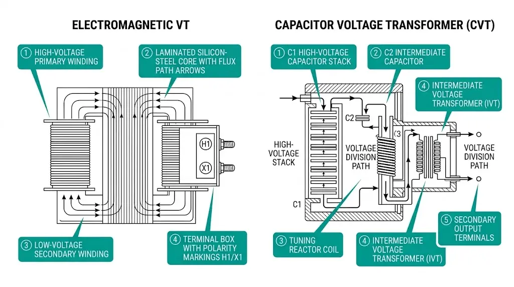 Cross-section diagram comparing electromagnetic VT construction with laminated core versus CVT architecture with capacitor divider and intermediate transformer