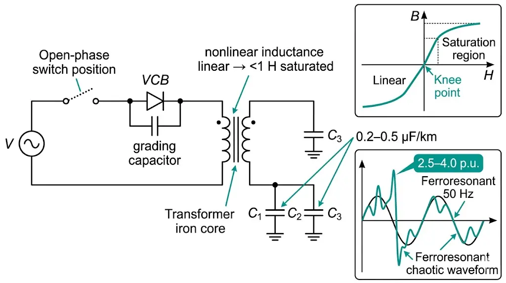 Ferroresonance circuit topology showing transformer nonlinear inductance, cable capacitance to ground, and B-H saturation curve with waveform distortion