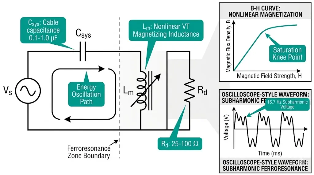 Ferroresonance equivalent circuit diagram showing VT nonlinear inductance interacting with cable capacitance and damping resistor placement for prevention