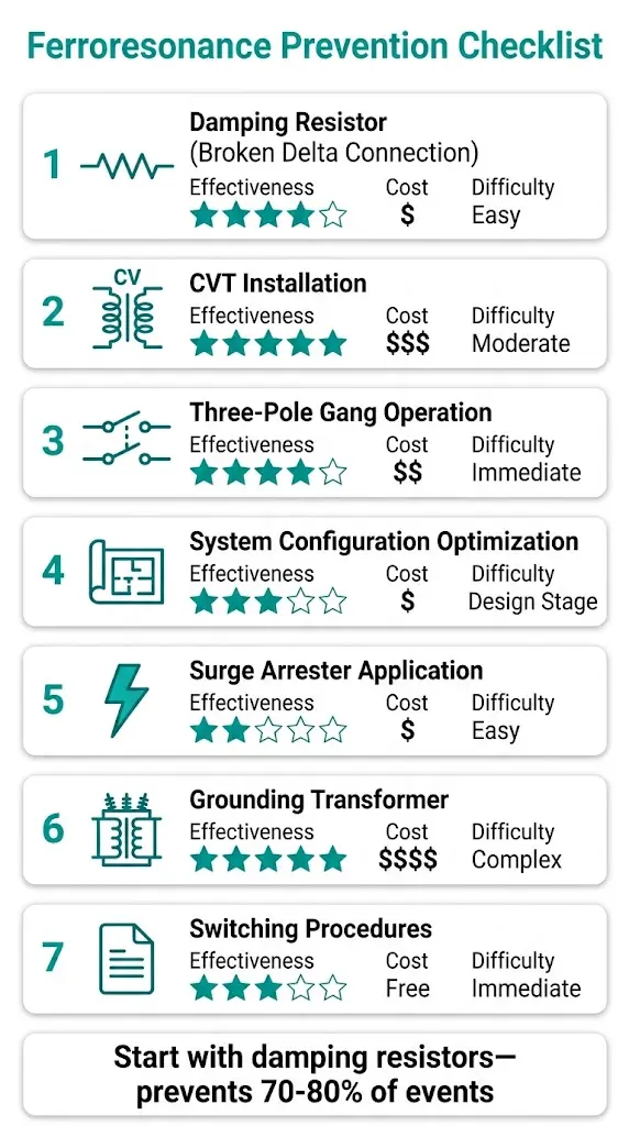Seven-point ferroresonance prevention checklist infographic showing effectiveness ratings, cost, and retrofit feasibility for each engineering solution